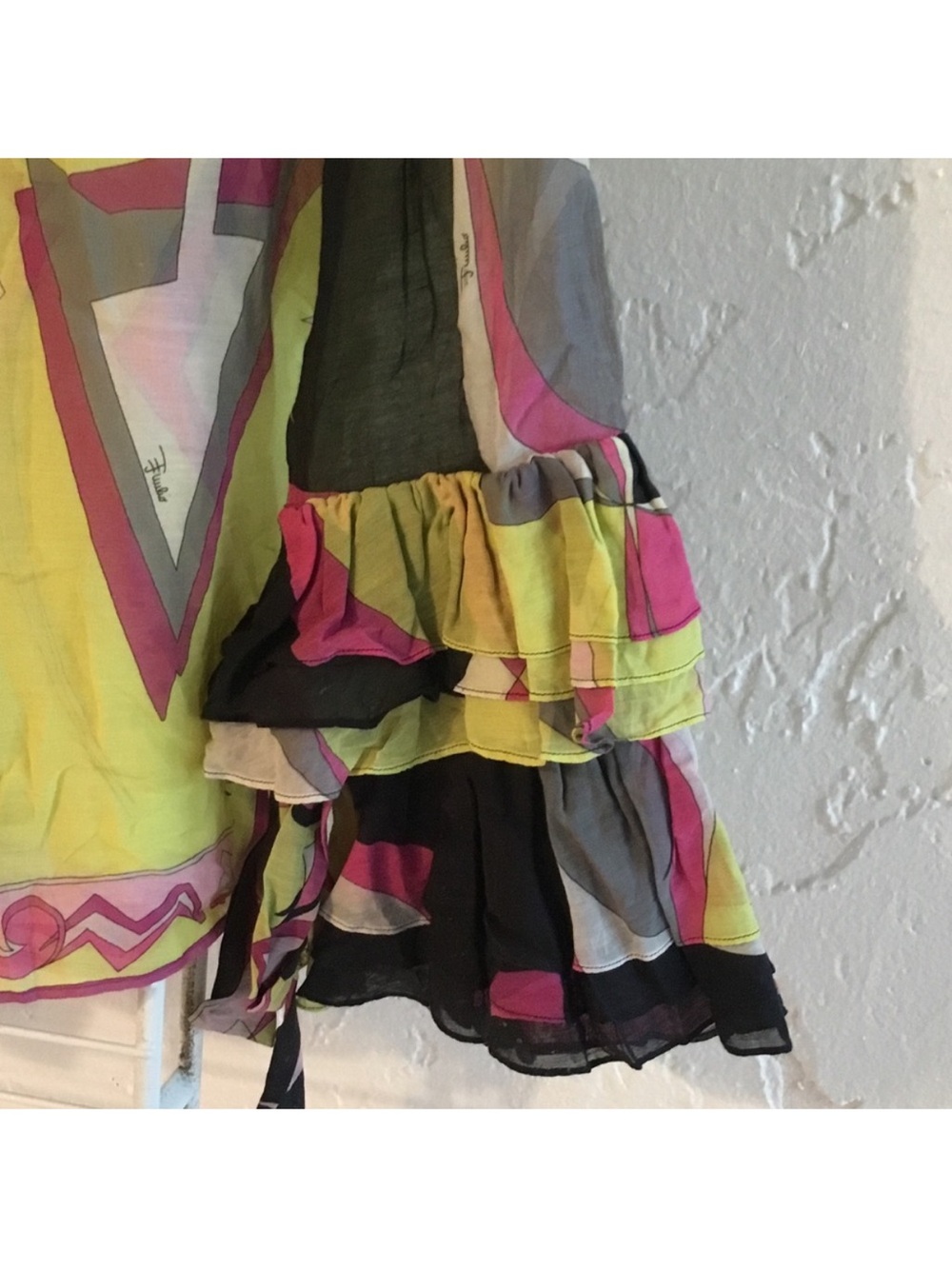 Emilio Pucci Sheer Abstract Printed Ruffle-Sleeve Blouse in Pink, Yellow & Black - Picture 4 of 7